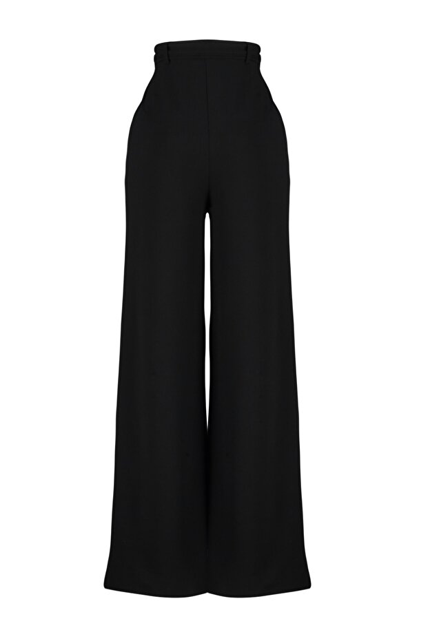 Siyah Kemerli Wideleg/Geniş Paça Normal Bel Smart Krep Kumaş Örme Pantolon TWOSS23PL00330 - 8