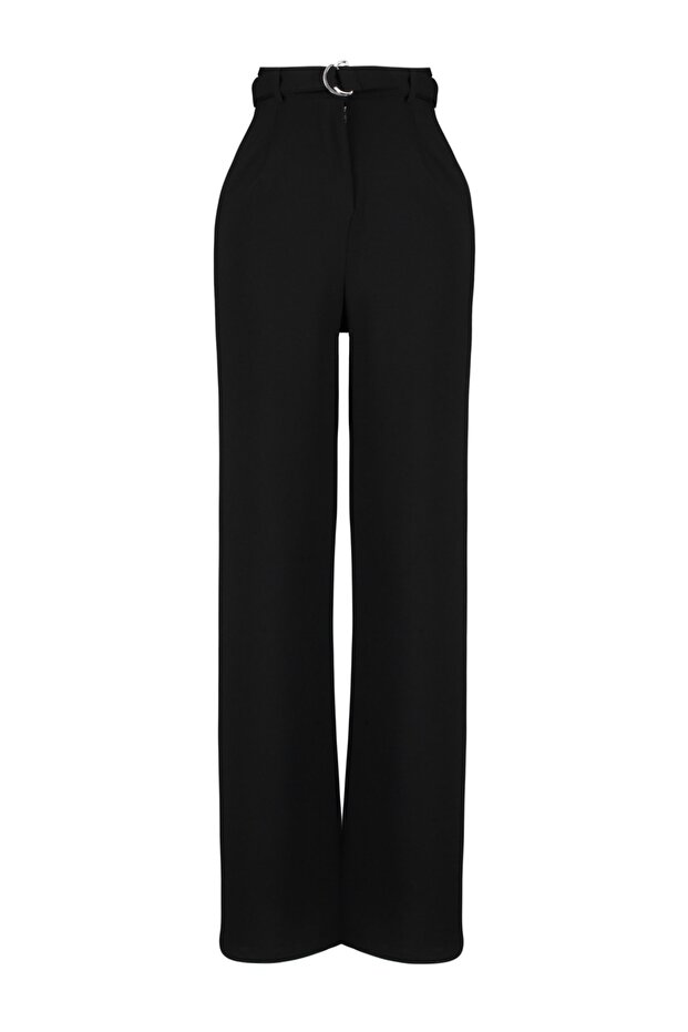 Siyah Kemerli Wideleg/Geniş Paça Normal Bel Smart Krep Kumaş Örme Pantolon TWOSS23PL00330 - 6