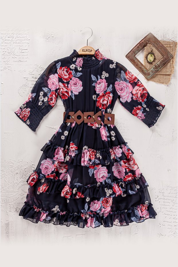 Teema Kids Luxury Suit Floral Print Girls' Dress with Belt