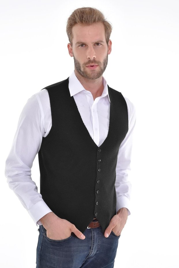 Men's Buttoned Sports / Classic Knitwear Knitted Sleeveless Black Vest