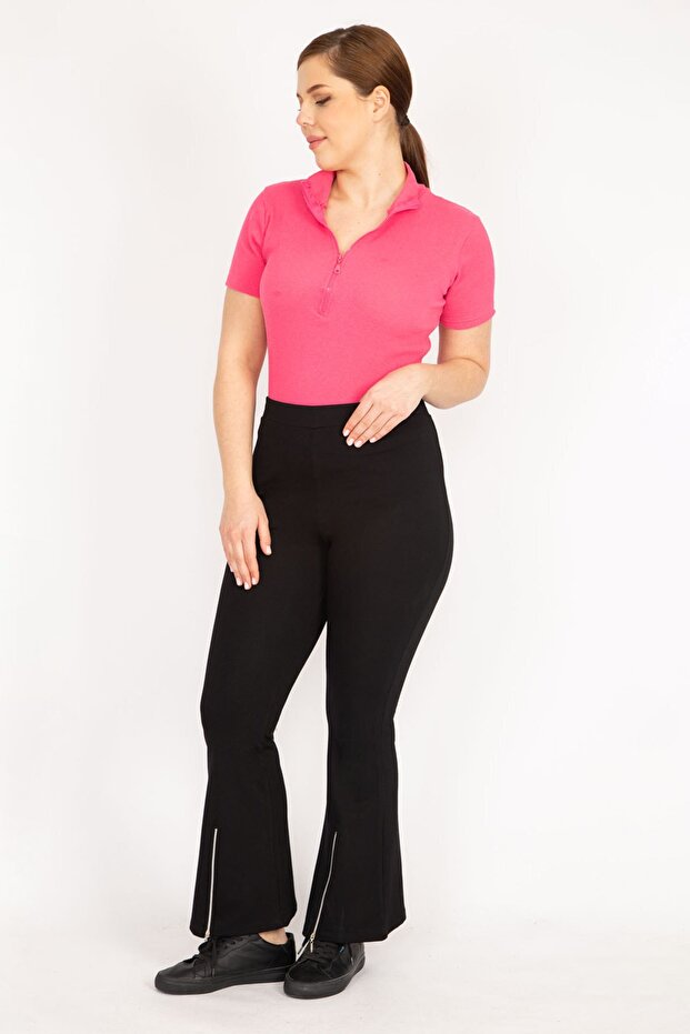 Women's Black Plus Size Leg Zipper Detailed Gathering Leggings Pants 65n36040