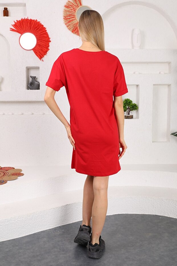 Baskılı Uzun Elbise Tunik Kırmızı - 4