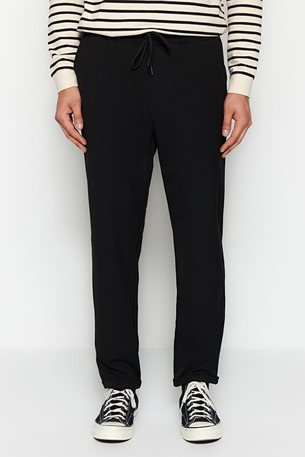 Siyah Beli Lastikli Slim Fit Duble Paça Kumaş Pantolon TMNAW21PL0107 - 2