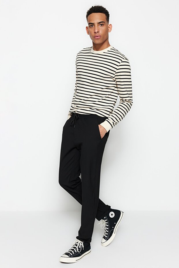 Siyah Beli Lastikli Slim Fit Duble Paça Kumaş Pantolon TMNAW21PL0107 - 3