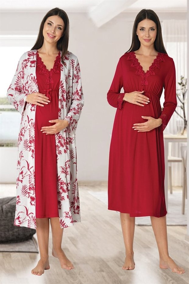 Women's Effort Fuchsia Lace Detailed Maternity Maternity Nightgown Set with Long Sleeve Dressing Gown
