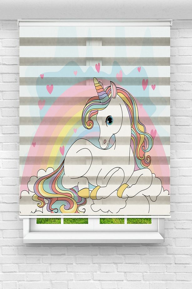 Çocuk Odası - Sevimli Unicorn Baskılı Zebra Perde - 1