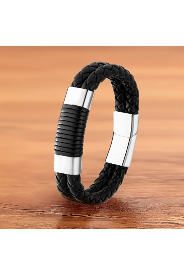 Men's Knitted Leather and Steel Bracelet