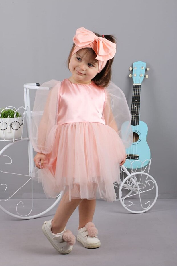 Bandanalı Tatlı Kız Elbisesi-somon - 1