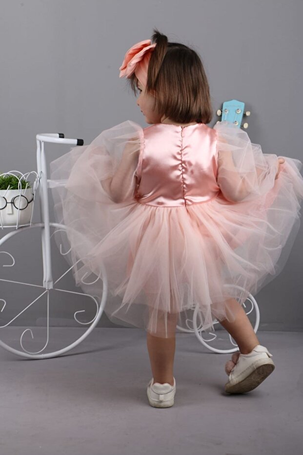 Bandanalı Tatlı Kız Elbisesi-somon - 3