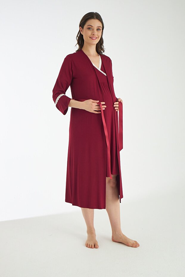 Dark Burgundy Lace Detail Maternity and Postpartum Nightgown Set