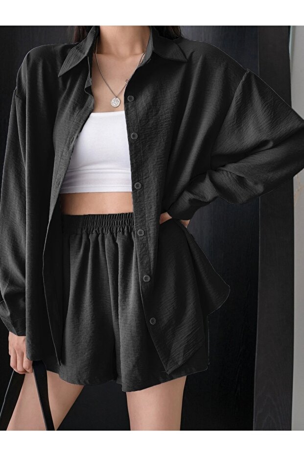 Women's Black Aerobin Top and Bottom Shirt and Shorts Suit Oversize