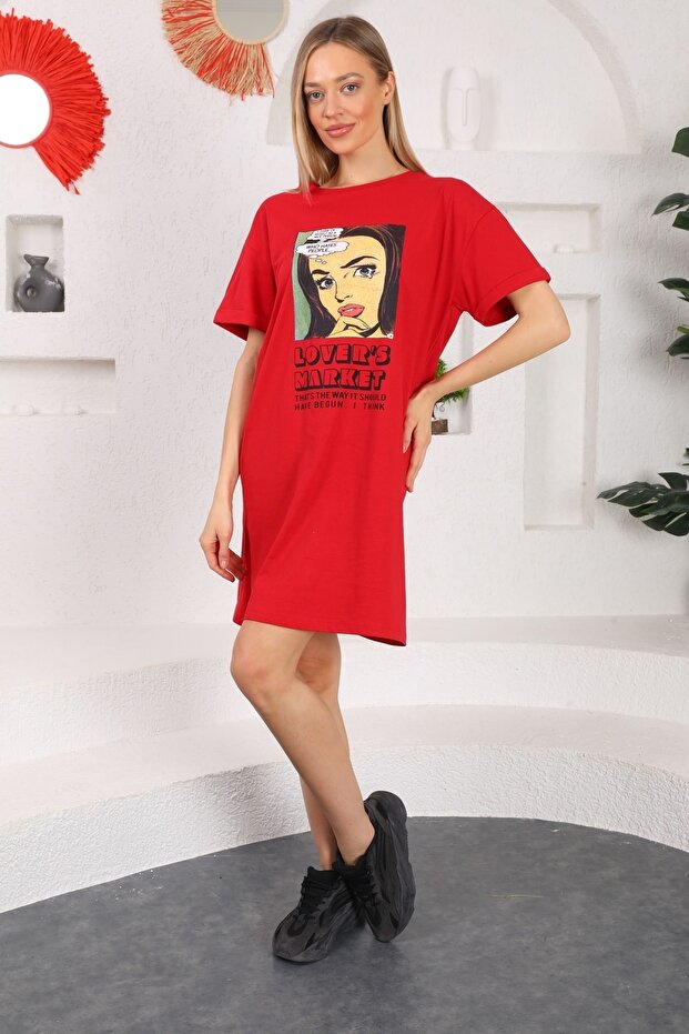 Baskılı Uzun Elbise Tunik Kırmızı - 1