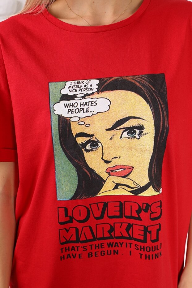 Baskılı Uzun Elbise Tunik Kırmızı - 5