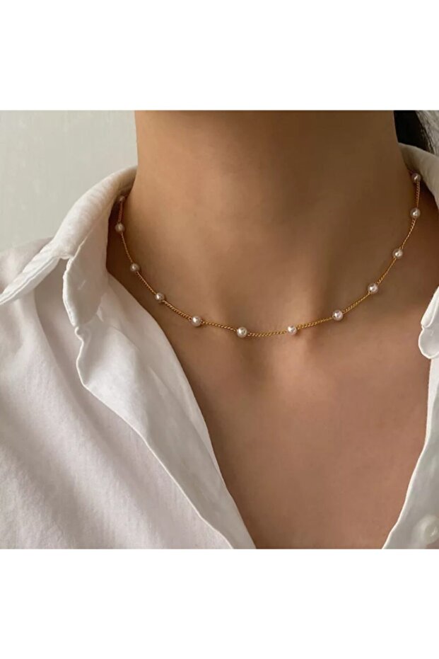Yellow Women's Chain Pearl Necklace