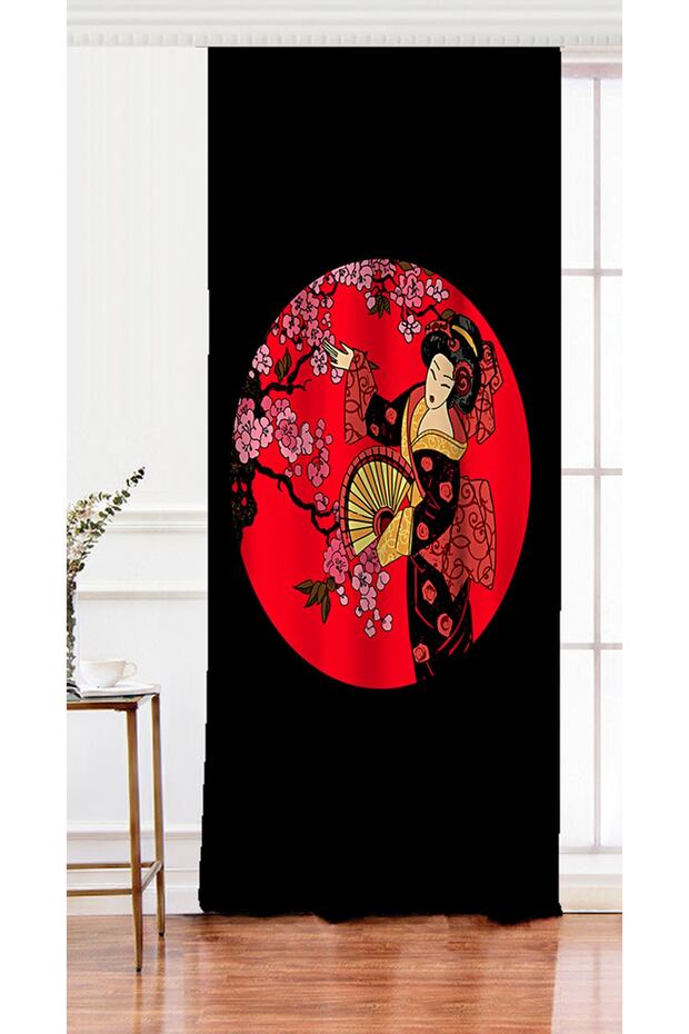 Single Wing Flower Patterned Fan Japanese Girl Motif Modern Digital Printed Background Curtain