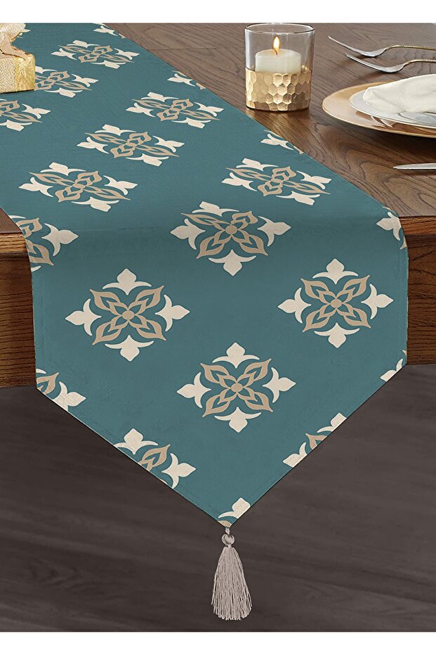Damask Patterned Decorative Tasseled Chenille Triangle Runner - 1