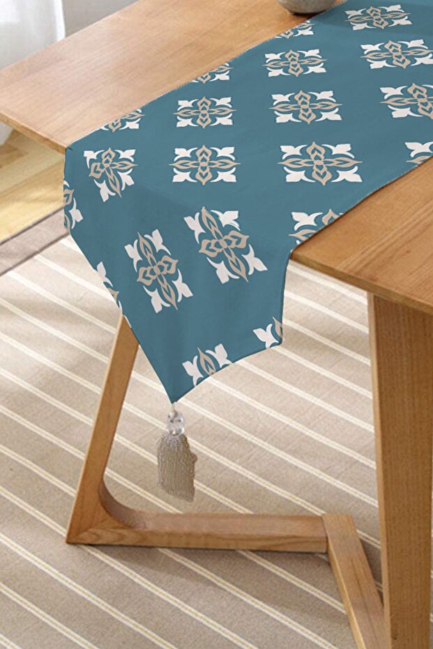Damask Patterned Decorative Tasseled Chenille Triangle Runner - 2
