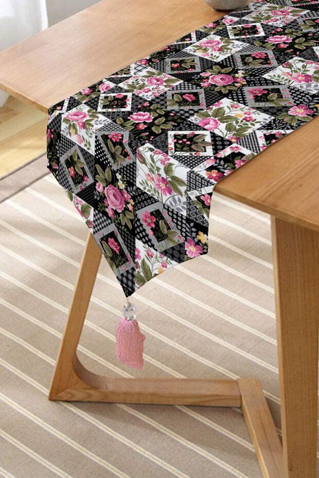 Jar Square Patterned Decorative Tasseled Chenille Triangle Runner - 2