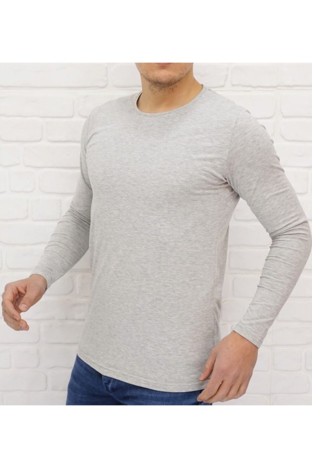 Men's Gray Round Neck Long Sleeve T-shirt