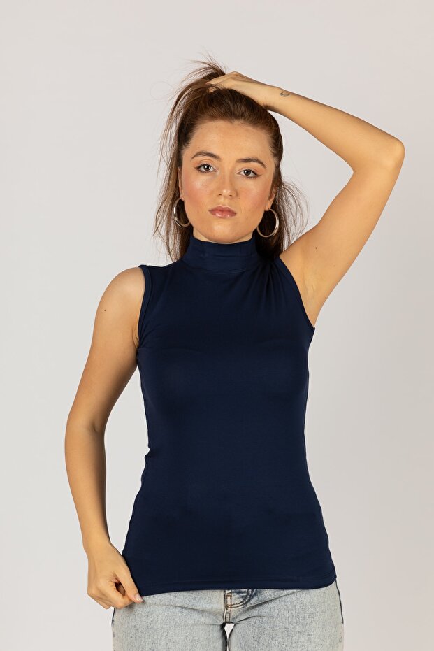 Women's Navy Blue Zero Sleeve Turtleneck Lycra Combed Cotton Body