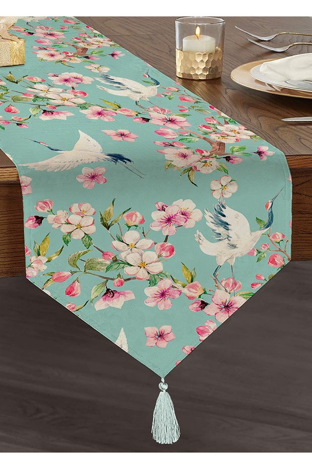 Colorful Ebabil Birds Motif Decorative Tasseled Chenille Triangle Runner