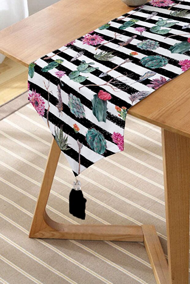 Digital Printed Caltus Patterned Tasseled Chenille Triangle Runner - 2