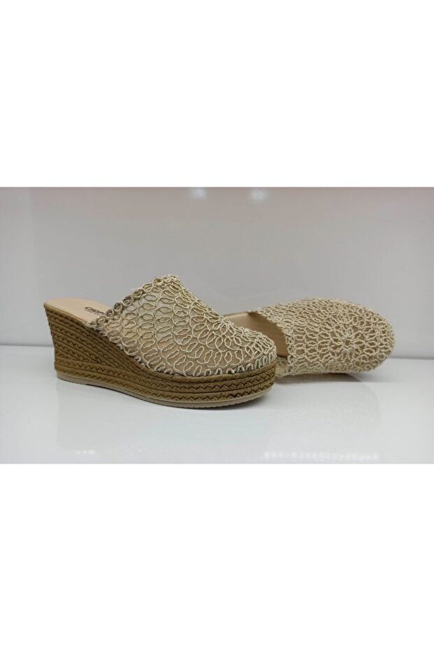 Kadın Krem Hasır Örgü Terlik - 2