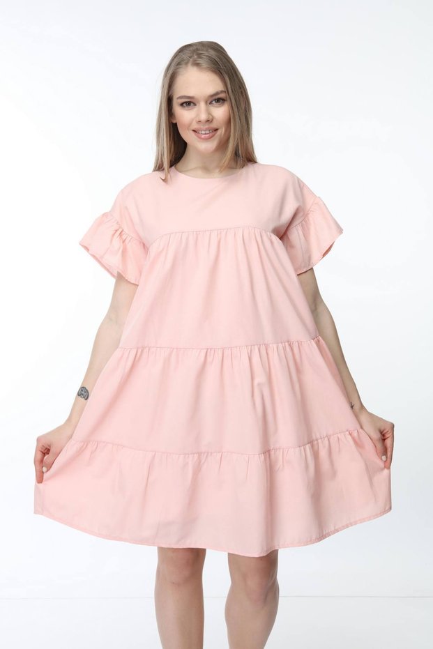 Women's Salmon Crew Neck Sleeve Shirred Dress