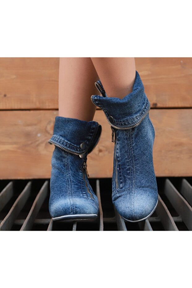 Kadın Mavi Çıtçıtlı Kot Bot - 2