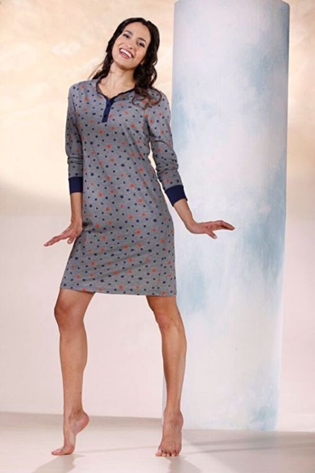 Women's Star Printed Long Sleeve Gray Nightgown