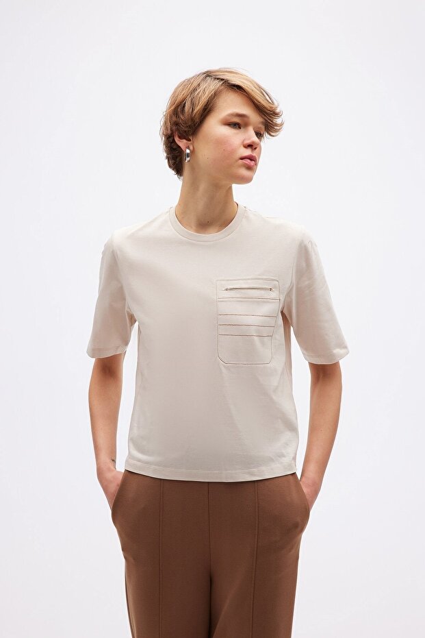 Cep Detaylı Basic Taş T-shirt - 1