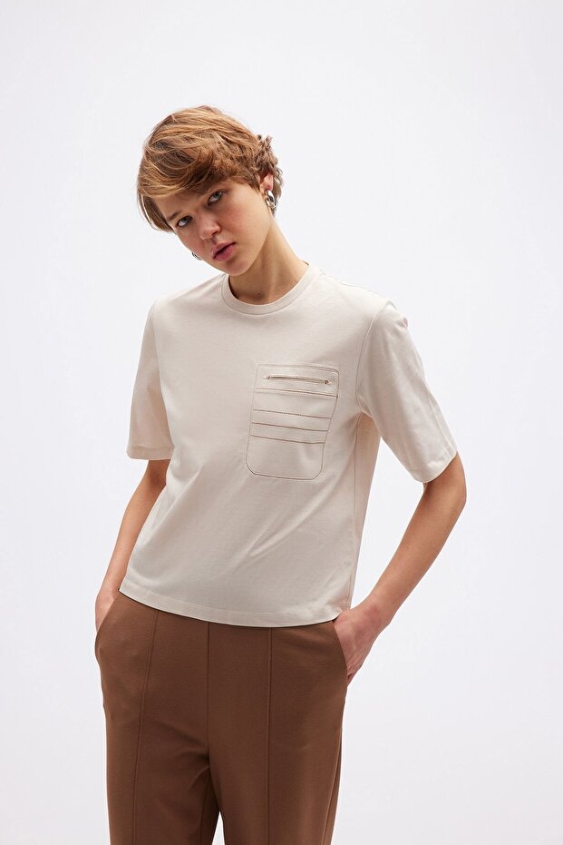 Cep Detaylı Basic Taş T-shirt - 3