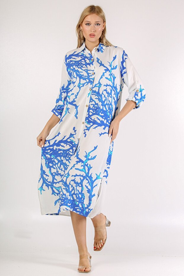 Italian White Blue Shirt Collar 3/4 Sleeve Buttoned Woven Dress