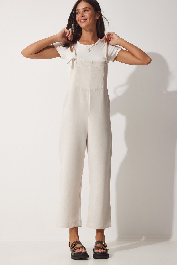 Women's Cream Pocketed Linen Gardener Jumpsuit UB00030