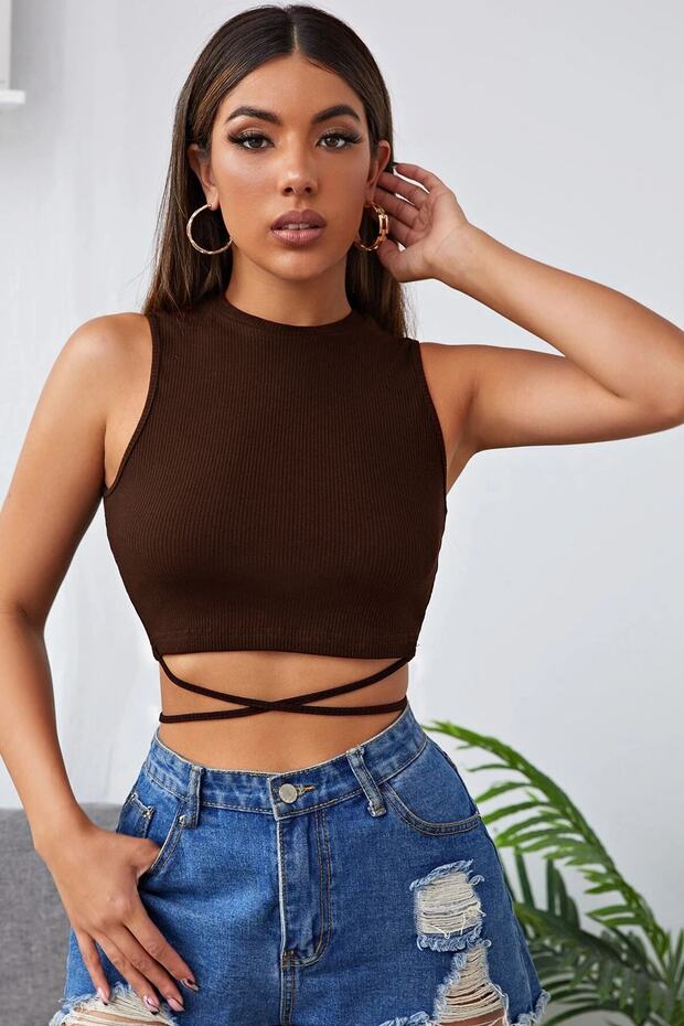 Kadın Kahverengi Çapraz Bağlamalı Crop Top Bluz - 1