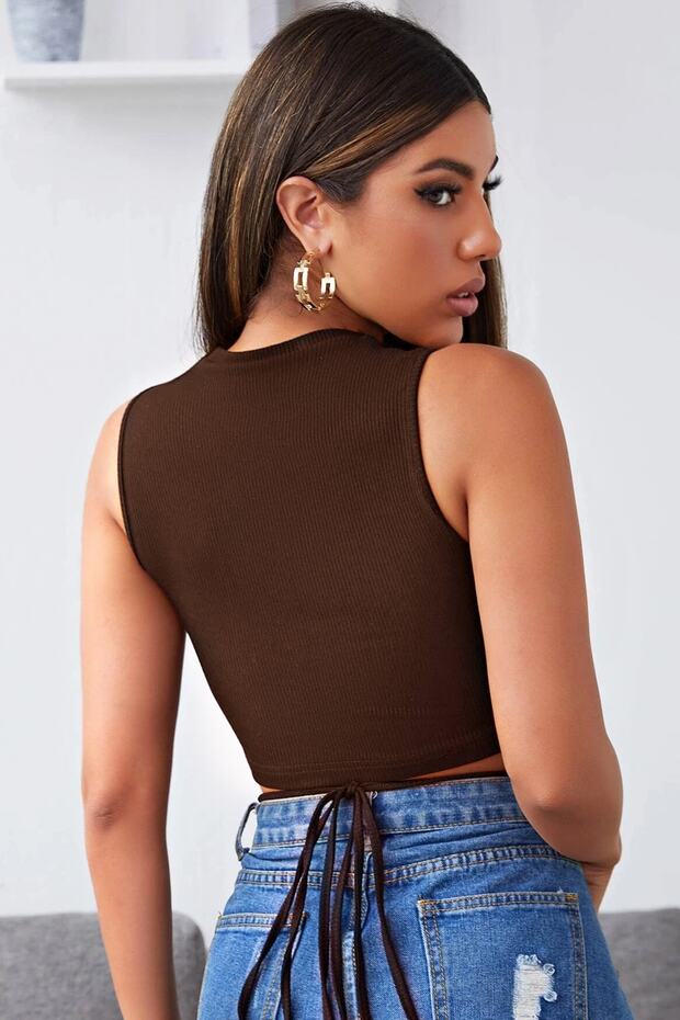 Kadın Kahverengi Çapraz Bağlamalı Crop Top Bluz - 4