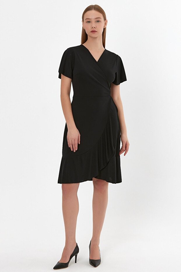 Kruvaze Yaka Volanlı Elbise (b23-499b) - 1