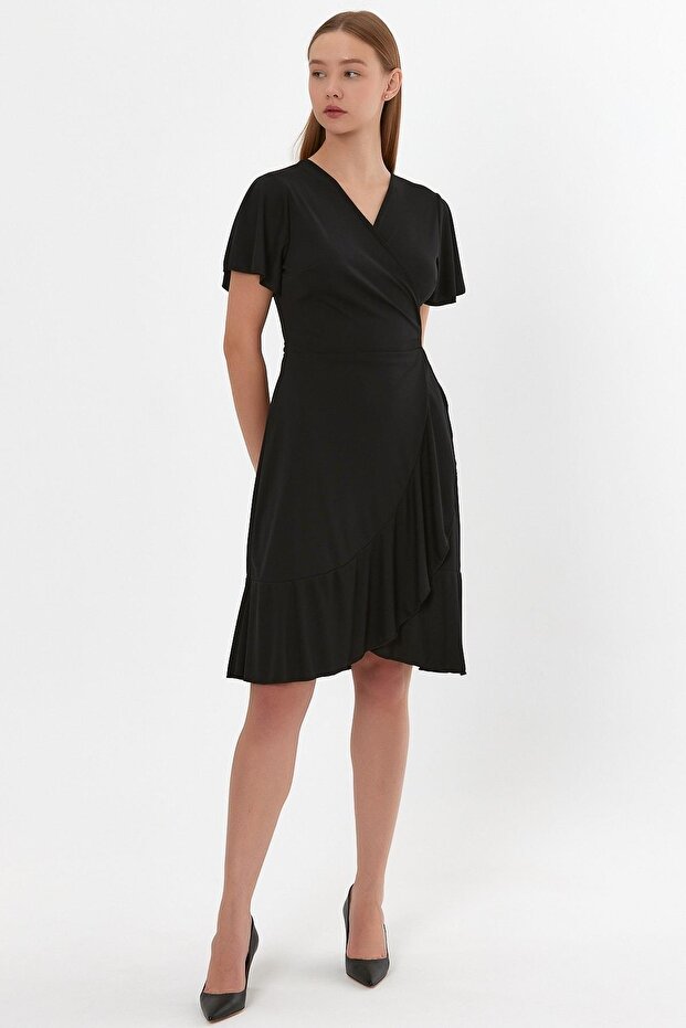 Kruvaze Yaka Volanlı Elbise (b23-499b) - 2