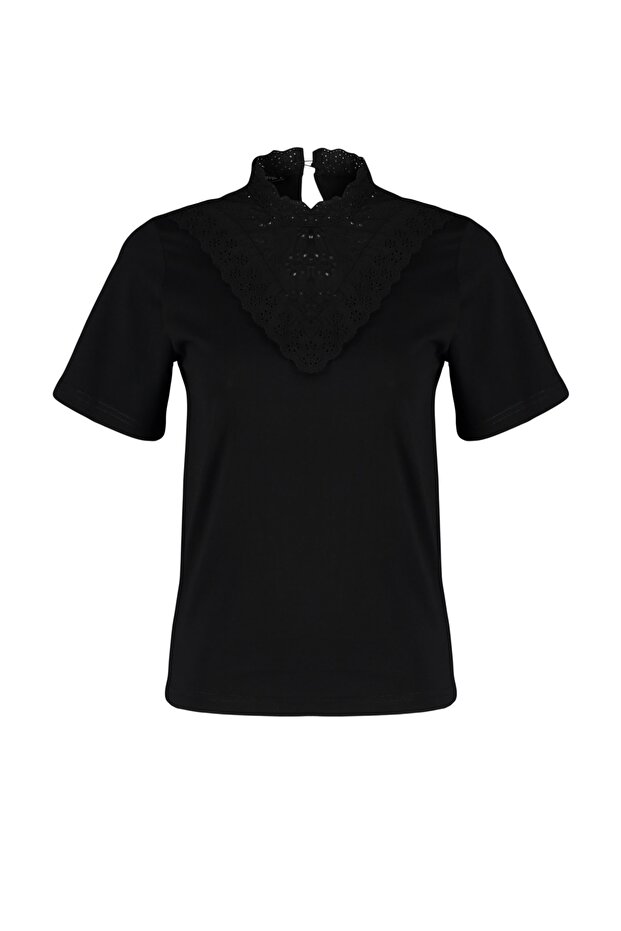 Siyah Brodeli Dik Yaka Basic Regular/Normal Kalıp Pamuklu Örme Bluz TWOSS23BZ00879 - 6