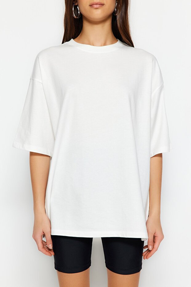 Ecru 100 % dicke Baumwolle, Oversize/Schnitt in weiter Passform, gestricktes T-Shirt mit Rundhalsausschnitt TWOSS23TS00040 - 3