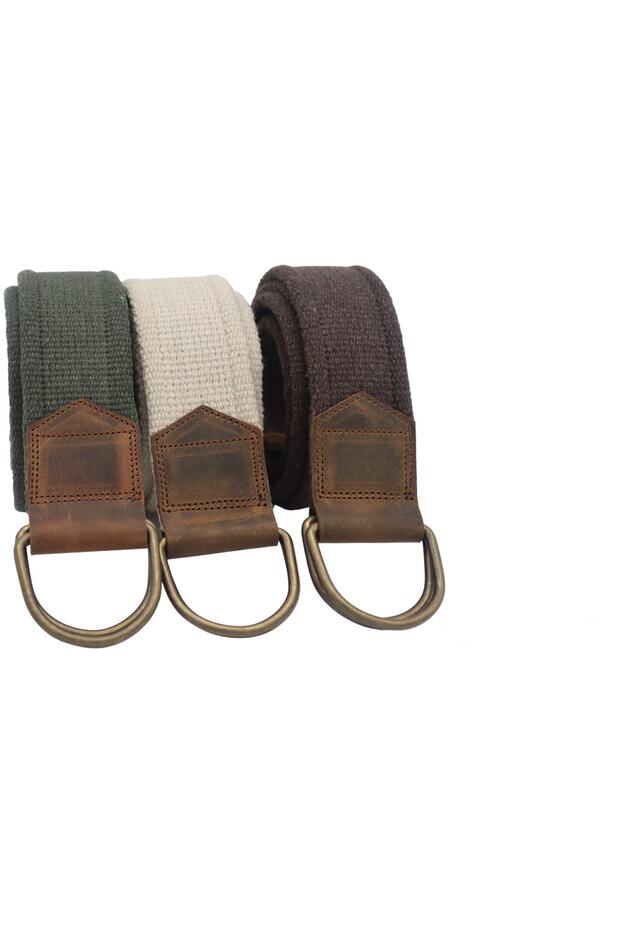 Unisex Triple Leather Detailed Green Beige Cream Brown Woven Tactical Canvas Sport Cloth Belt with Double D Rings