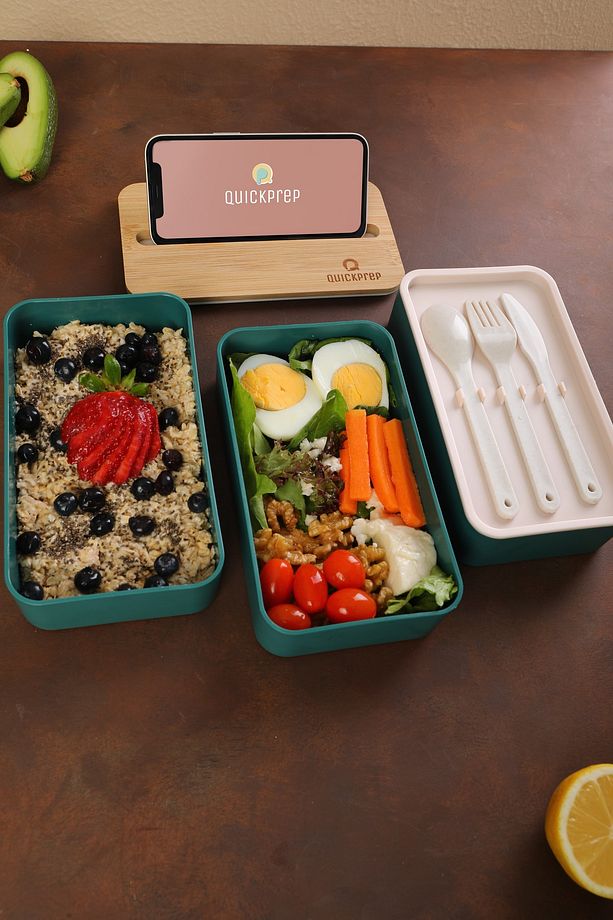 Quıckprep 3 Katlı Yeşil Bento Yemek Kabı | Ahşap Kapaklı, Sızdırmaz, Taşınabilir - 3