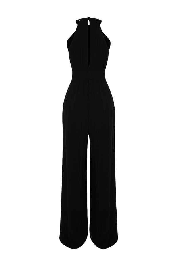Siyah Beli Büzgü Detaylı Geniş Paça Maxi Dokuma Tulum TWOSS23TU00121 - 12