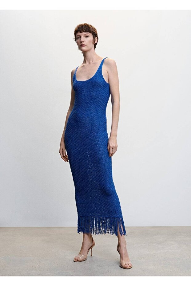 Püskül Detaylı Triko Elbise - 2