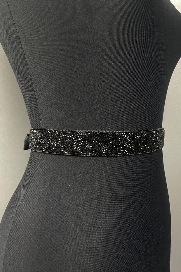 Black Bead Embroidered Chain Stoned Evening Dress Waist Belt