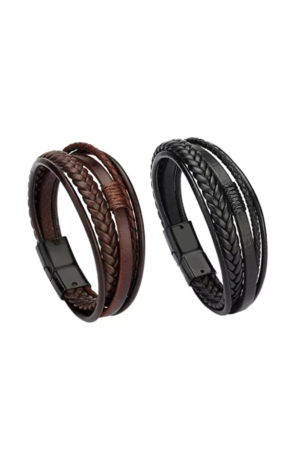 Black Brown 2-Piece Genuine Leather Bracelet Set