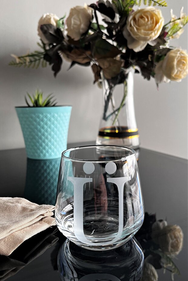 Laser Cut Non-Removable Glass Cup with Letter Ü - Suitable for Use as a Candle Holder-Pen Holder-Mini Vase 1 Piece