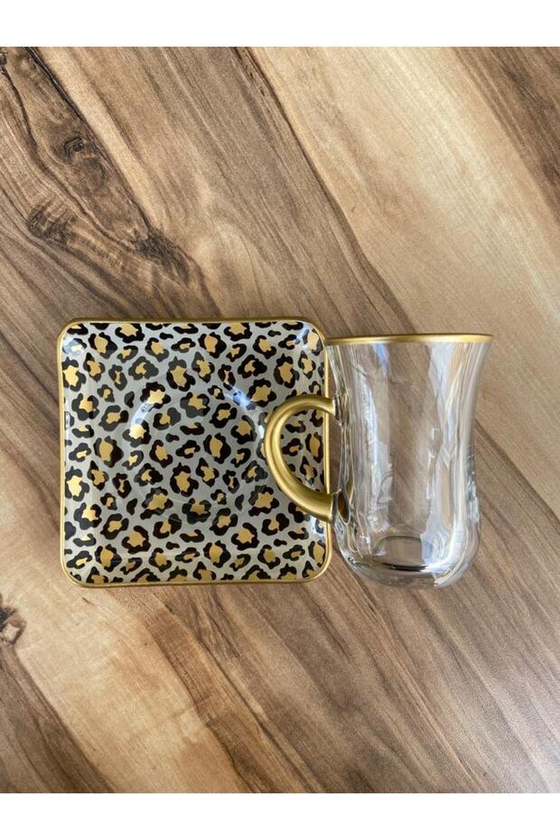 Leopar Desen Kare Kulplu Çay Seti. - 2