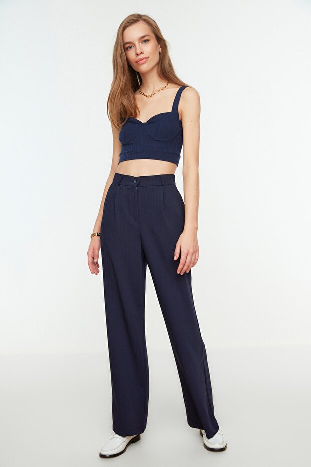 Lacivert Yüksek Bel Wide Leg/Geniş Paça Çizgili Dokuma Pantolon TWOSS22PL0100 - 4