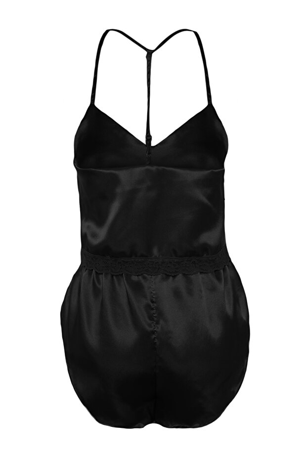 Siyah Dantelli İp Askılı Crop Saten Şortlu Dokuma Pijama Takımı THMSS22PT0264 - 9